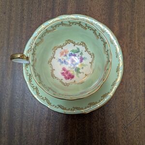 Vintage Aynsley Tea Cup & Saucer.  Mint Green & Gold Trim.  England.